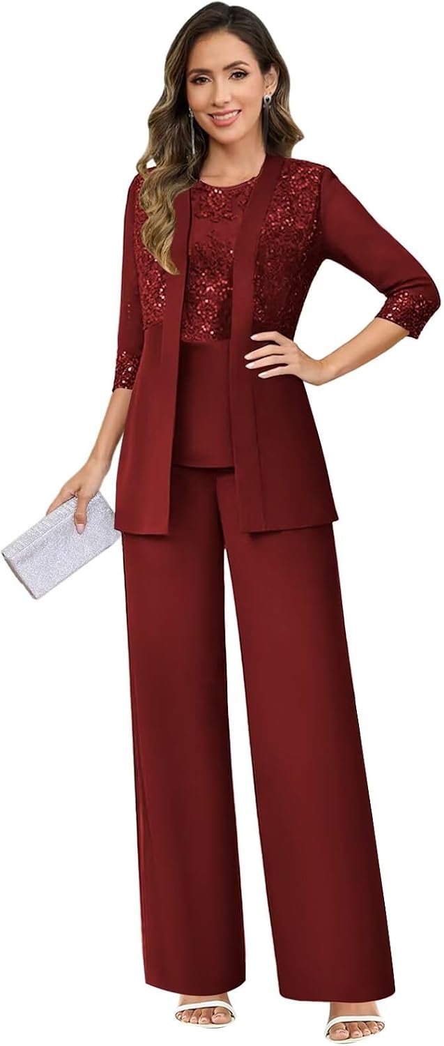 3 Pieces Mother of the Bride Pant Suits for Women Half Sleeve Chiffon Lace Formal Evening Outfits