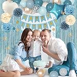 Blue Birthday Party Decorations, Dusty Blue Sand Confetti Gold Balloons Happy Birthday Banner Fringe Curtains Butterfly Hanging Swirls Circle Dots Tassels Pom for Boys Men Girls Women Party Supplies - Image 5