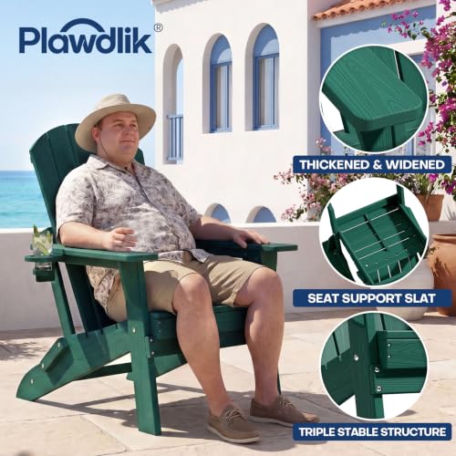 Image of Plawdlik Folding Adirondack Chair Set of 3, Cup Holder, Green | pin-free folding, 38-in tall back, Wood-grain All-weather HDPE; for fire pit, poolside, deck, backyard, patio