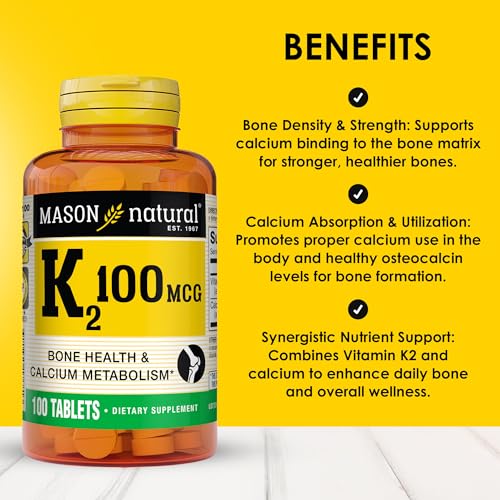 MASON NATURAL Vitamin K2 100 mcg with Calcium, Supports Bone, Heart & Muscle Health, 100 Tablets, Pack of 3