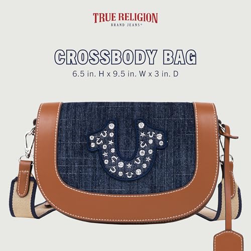 True Religion Studded Logo Flap Bag, Rhinestone Horseshoe Canvas Strap Shoulder Handbag, Denim2