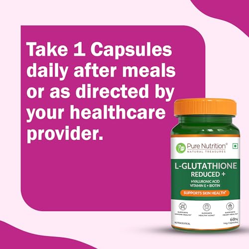 Image of Pure Nutrition Reduced L Glutathione Supplements | Glutathione Tablets for Skin Whitening With Hyaluronic Acid, Vitamin E & Biotin | Support Skin Health & Antioxidant | Skin Glow Tablets For Men & Women - 60 Veg Capsules