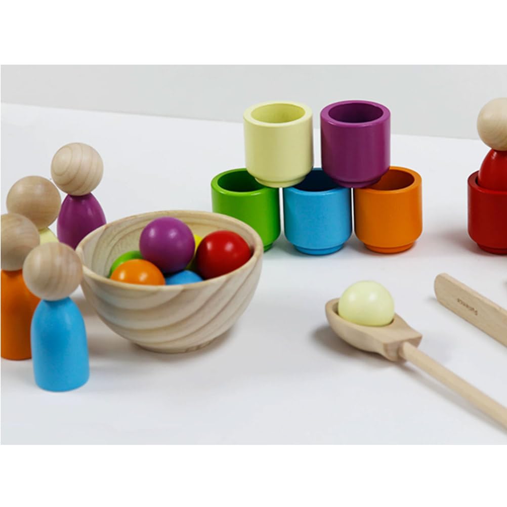 Montessori Holzbogen-Puppen & Farb-Sortierbecher Spielzeug | Farblich passende Holzperlen mit Zange & Löffel, Lernspielzeug für Feinmotorik, Farbenerkennungs-Spiel