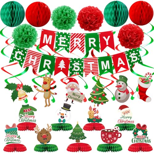 KUANINUNAR Merry Christmas Party Decoration Banner Set Paper Fan Flower Xmas Bunting ,Swirls Streamers Christmas Tree Xmas Stocking Santa Table Decorations