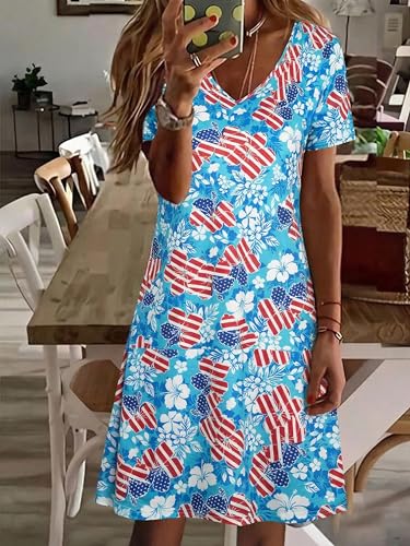 Image of LUKYCILD American Flag Dress Women 4th of July Patriotic Shirt USA Stars Stripes Dresses Sexy V- Neck Summer Sundress