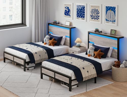 Image of Homkdom Twin Metal Bed Frame with LED Storage Headboard & USB Ports Grey | Underbed Storage for Saving Space, Noise-Free Quiet Sleep Setup for Teens Room, College Dorms & Small Studio Apartments