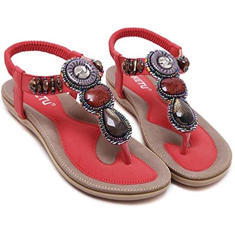 TeamWorld Womens Open Toe Sandals Summer Bohemia Rhinestone Bead Folk Dunlop Sandals Boho Beach Flip Flops Elastic T-Strap Post Thong Flat Sandals Shoes Thongs Red Cover