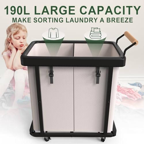 190L (50 Gal) Extra Large Fashion Laundry Hamper 2 Section with Lid, Rolling Laundry Basket Hamper with Handle, Laundry Organizer Storage Cart with Sturdy Metal Frame for Laundry Room, Hotel,White — view 2