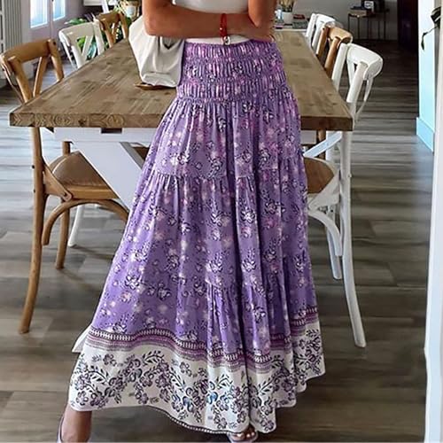 Long Boho Skirts for Women Summer Tiered Floral Maxi Skirt Elastic High Waisted A Line Skirt Pleated Flowy Beach Skirts2