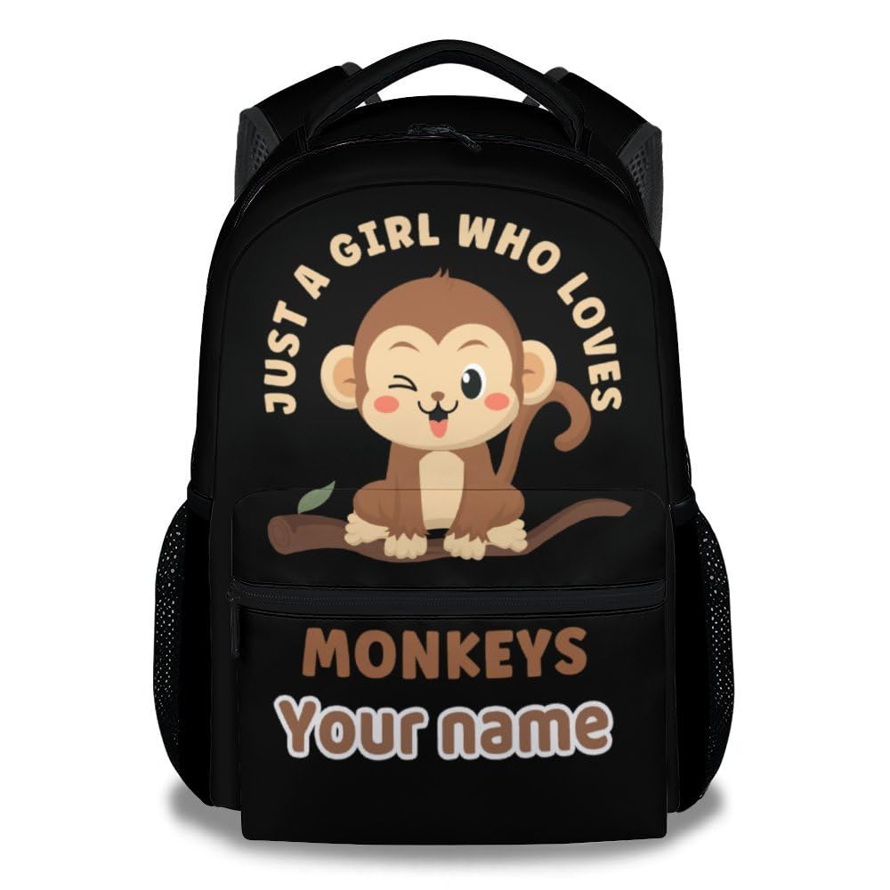 Customized Girls Monkey Backpack - 16 Inches Cute Personalized Backpacks for Camp - Black Durable Bookbag for Elementary