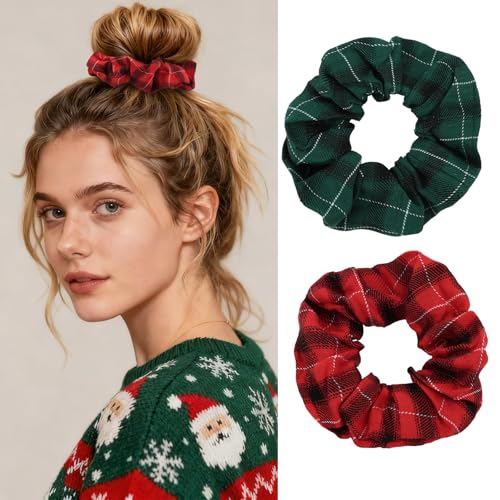 Wecoe 2pcs Christmas Plaid Hair Scrunchies - Festive Hair Ties