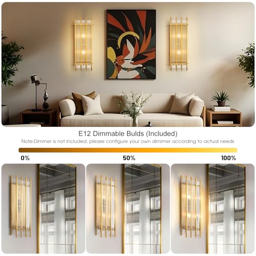 Modern Brass Wall Sconce,25in Grand Rectangular Ribbed Glass Wall Sconces,Indoor Hardwired Gold Wall Sconces for Large Spaces,for Living Room,Hallway,Stairway Sconces Wall Lighting,Included E12 Bulbs