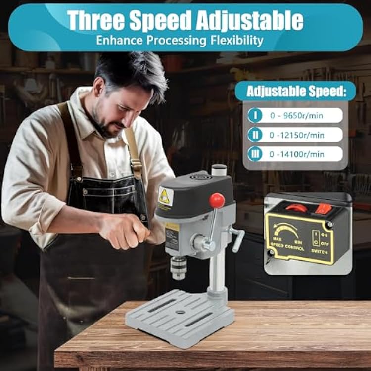 Benchtop Drilling Machine 3-Speed Portable Electric Benchtop Drill Press for DIY Creation, w/10mm Chuck and Laser Scale Adjustable Speed (0-16,000 RPM) for Metal Wooden Jewelry DIY