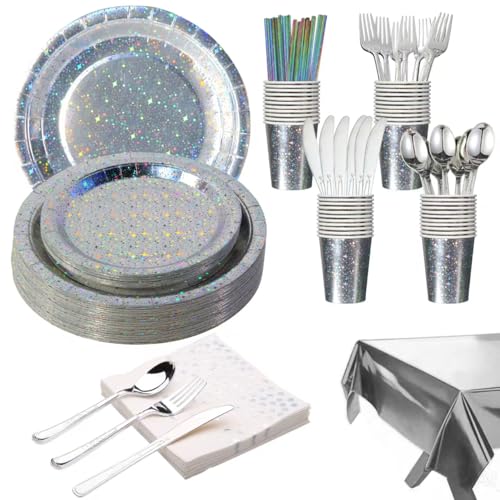 201-piece disposable party tableware set with paper plates, cups, napkins, straws, tablecloths, plastic knives, forks and spoons for a variety of party occasions for up to 25 people (Silver Star)