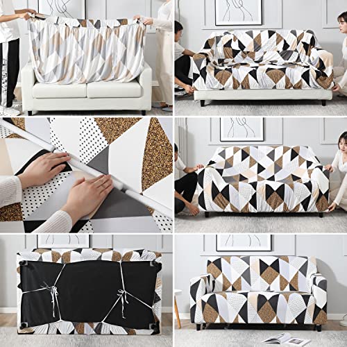 Image of HOKIPO Elastic Stretchable Single Seater Sofa Cover, Grey Brown Geometric (AR-4093-D9)
