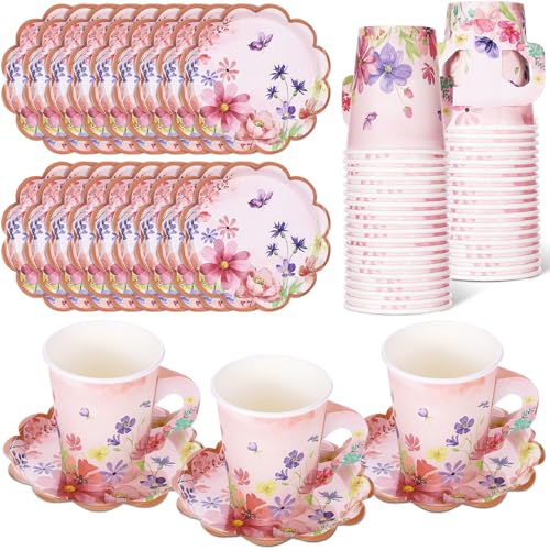 Funnymoom 50 Sets Blossom Party Paper Tea Cups and Saucer Disposable Blossom Party Supplies Vintage Floral Teacup Set Pink Tea Favor for Garden Birthday Bridal Wedding
