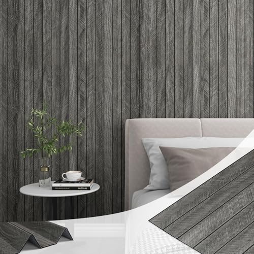LaCheery Grigio Scuro Pannello Decorativo Parete Legno Nero 3D 30cm x 400cm Pannelli Decorativi per Pareti Camera da Letto Vinile Carta da Parati Adesiva Muro Legno Spesso per Salone Ufficio Cucina