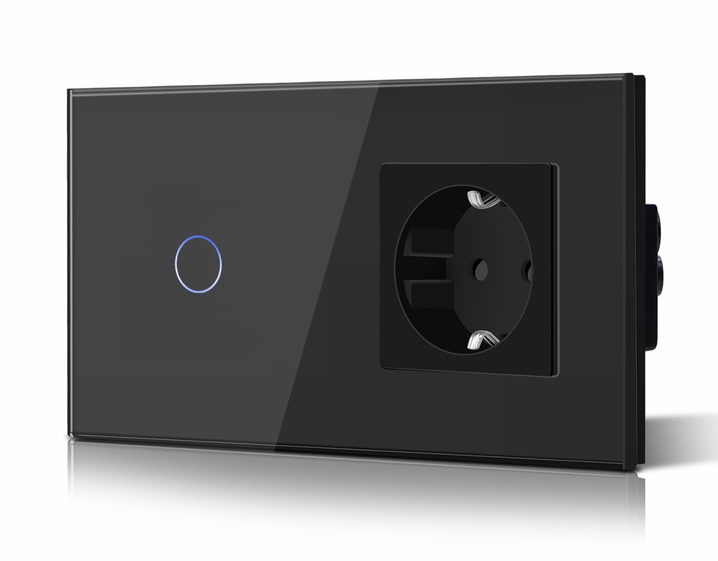 BSEED Touch Lichtschalter mit Steckdose aus Glas, Modern Steckdosen Unterputz, Wandschalter mit LED Hinterlicht (Kein Neutralleiter erforderlich), Kein WLAN, 157mm 1 Fach 2 Wege Schwarz