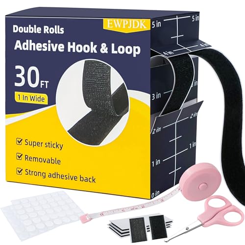 EWPJDK 30Ft x 1 in Velcro Strips with Adhesive Hook and Loop Strips with Adhesive Double Rolls of Heavy Duty Interlocking Tape Fasteners Double-Sided Tape Strong Back Adhesive Mounting Tape (Black)