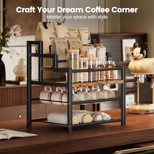5-Tier Liquor Bottle Display Shelf, Holds up to 20 Bottles, Countertop Wine Racks with 6 Wine Glass Holders, Mini Wine Bar Cabinet for Home, All in One Coffee Syrup Whiskey Organizer - Thumbnail 4