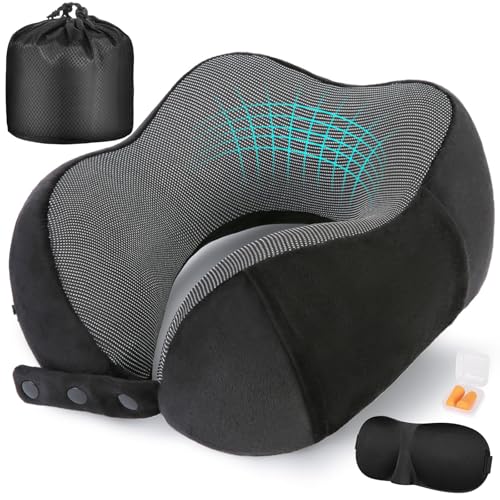 Neck Pillow for Traveling, Travel Pillows for Airplanes,100% Pure Memory Foam Travel Neck Pillow, Adjustable Flight Pillow, Portable Plane Accessories with Eye Mask, Earplugs, Carry Bag
