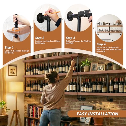 Image of Bar Shelves, Wall Mounted Wine Rack, Weathered Brown, 60 Inch | 2 Tier, Industrial style, Solid pine shelves, black pipe brackets, 70 lbs per shelf, wine, liquor, bar decor