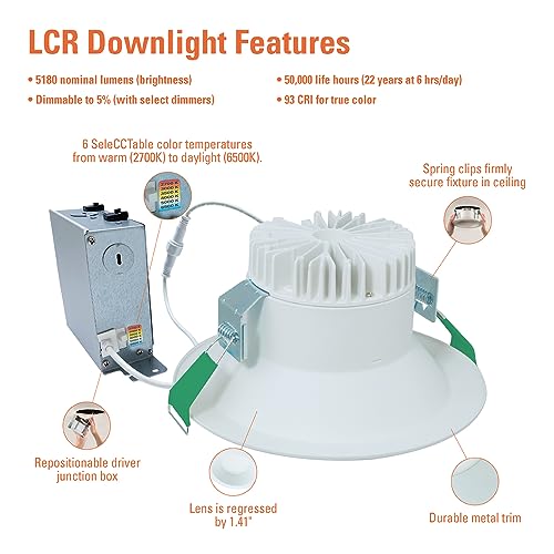 HALO LCR 8 inch Recessed Smooth Canless LED Downlight, 5000 Lumens, 6CCT - image 4