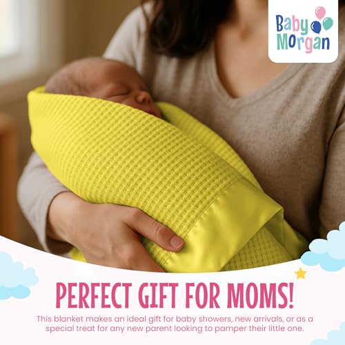 Image of Blankets Thermal Waffle Baby Blanket Crib Bedding - Soft Cozy Warm Infant Thermal Cover for Nursery Stroller or Bassinet, Lightweight Ideal Shower Gift, Satin Trim Yellow 36 inch x 50 inch