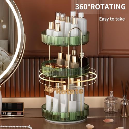 Image of Xmart India 360 Rotating Makeup Organizer - Transparent Cosmetic & Skincare Storage Rack for Dressing Table Lipstick, Perfume, Beauty Accessories & Bathroom Counter Organizer (3 Layer, Green)