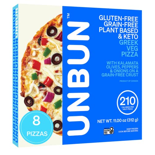 UNBUN Gluten Free, Grain Free, Plant Based and Keto Greek Veg Thin Crust Pizza, 11 Ounce (Pack of 8), Kalamata Olives, Peppers and Onions on a Grain-Free Crust, 10g Net Carbs Per Serving, Low Calorie