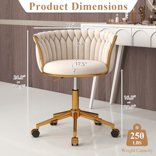 ABET-Desk-Chair-with-Wheels-Modern-Velvet-Office-Chair-for-Desk-Hand-Woven-Vanity-Makeup-Chair-for-Girls-Women-Bedroom-360-Swivel-Height-Adjustable-Gold-Base-Task-Armchair-Beige ABET Desk Chair with Wheels Modern Velvet Office Chair for Desk Hand Woven Vanity Makeup Chair for Girls Women Bedroom 360 Swivel Height Adjustable Gold Base Task Armchair Beige