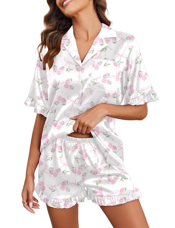 Image of Ekouaer Satin Pajama Set for Women Button Down Silk 2 Piece Pj Sets Ruffle Short Sleeve Sleepwear