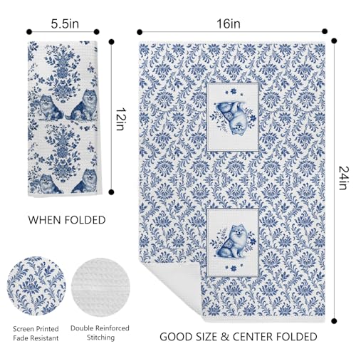 Image of Chinoiserie Pomeranian Kitchen Towels Set of 2, Blue and White Dog Dish & Tea Towels for Kitchen Bathroom Decor, Vintage Pomeranian Hand Towel for Farmhouse Decor,16x24 Inch