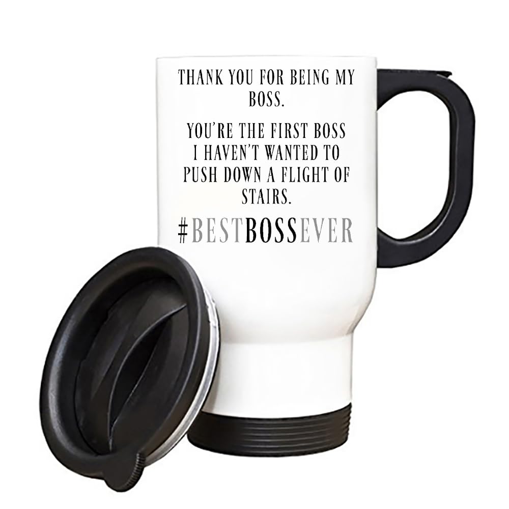 Thank You for Being My Boss, Best Boss Ever Gift, Insulated Travel Mug, Tea, Coffee Mug. (White)
