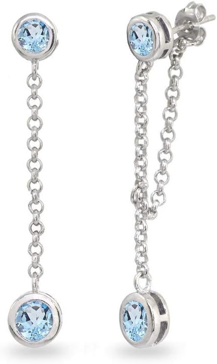 Sterling Silver Genuine or Synthetic Gemstone Round Two Stone Bezel-Set Chain Drop Dangle Earrings for Women