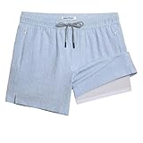 maamgic Men's Swim Trunks 5.5 inch Seersucker 2 in 1 Beach Shorts Quick Dry Bathing Suits with Compression Liner Blue Stripe Medium