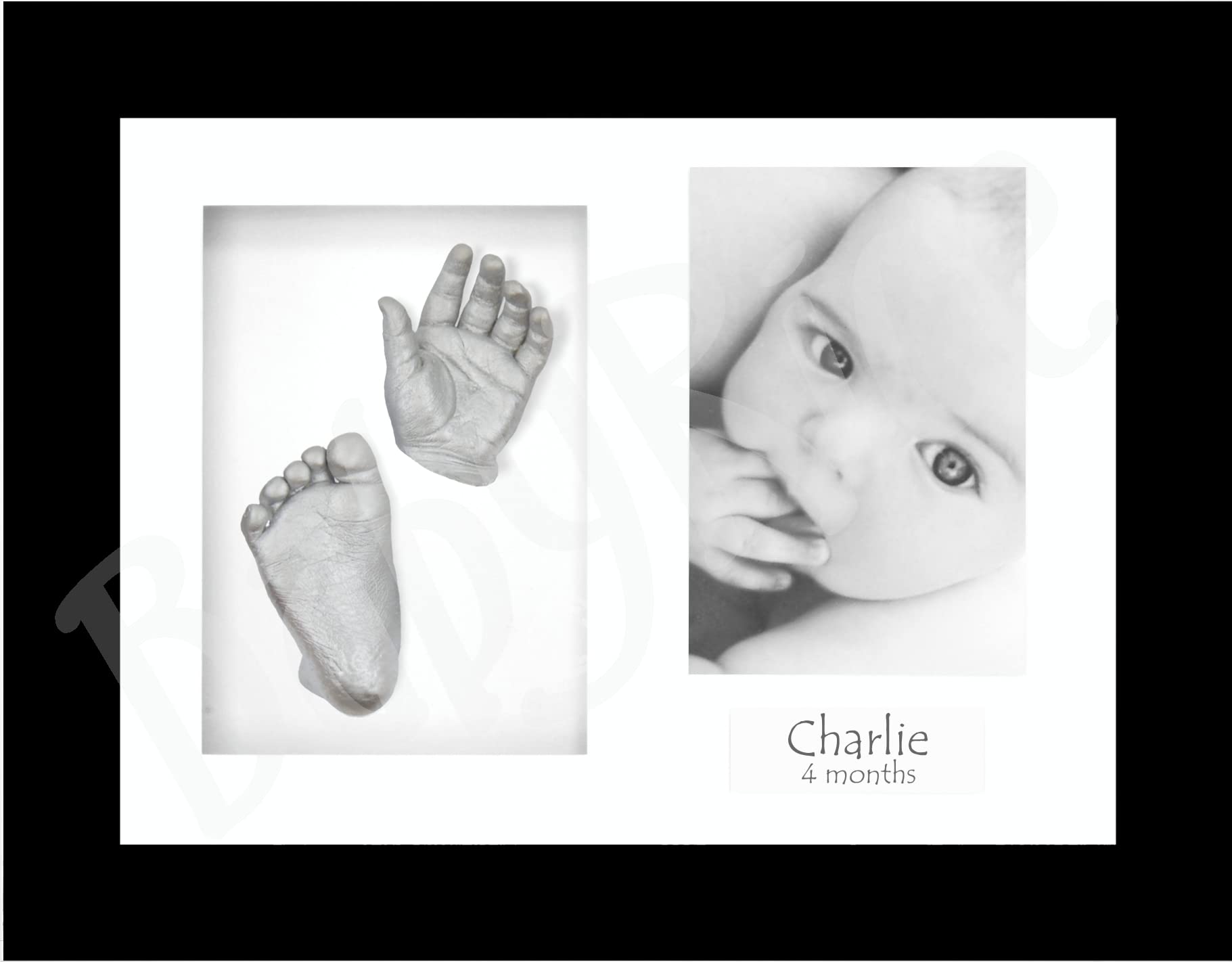 BabyRice Baby Casting Kit with Black 12x9 Shadow Box Display Frame, Silver Paint for Hand, Foot Casts (Black/White/White)