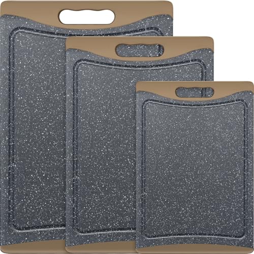 Image of Extra Large Cutting Boards, Plastic Cutting Boards for Kitchen (Set of 3) Cutting Board Set Dishwasher Chopping Board with Juice Grooves Easy-Grip Handles, Brown, Empune