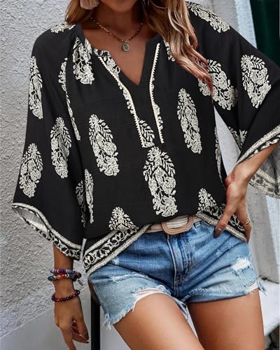 VALOLIA Womens Boho Tops 3/4 Sleeve V Neck Casual Loose Fit Blouses Shirt Bohemian Vacation Clothes4