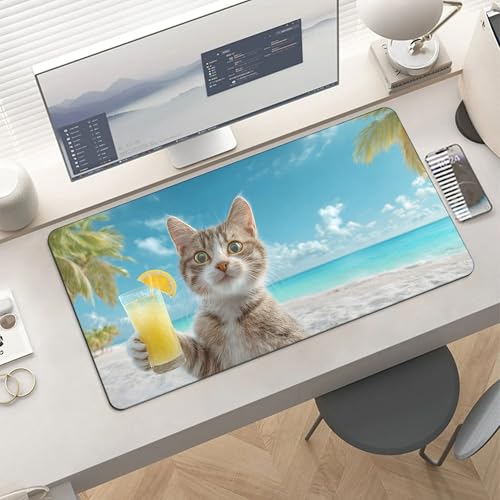 Image of Summer Cat Beach Extended Gaming Mouse Pad, with Stitched Edges Large Mouse Pad Desk Protector, Rubber Base Mousepad Keyboard Mouses Mat for Work Game Office Home- 32 inch X 16 inch Inch