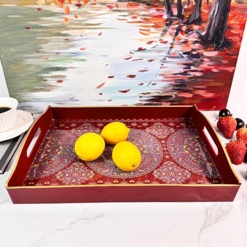 Umisriro Boho Red Decorative Tray, Serving Tray with Handles, Plastic Tray for Coffee Table, Ottoman - Ideal for Living Room & Bathroom. 15” x 11” x 2.5”