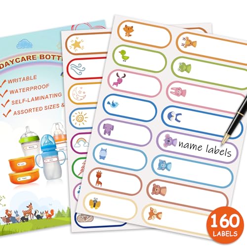 Image of 160 PCS Baby Bottle Labels for Daycare, Waterproof Write-On Kids Name Labels, Self-Laminating Self-Adhesive Bottle Strickers for Daycare School, Assorted Sizes & Colors