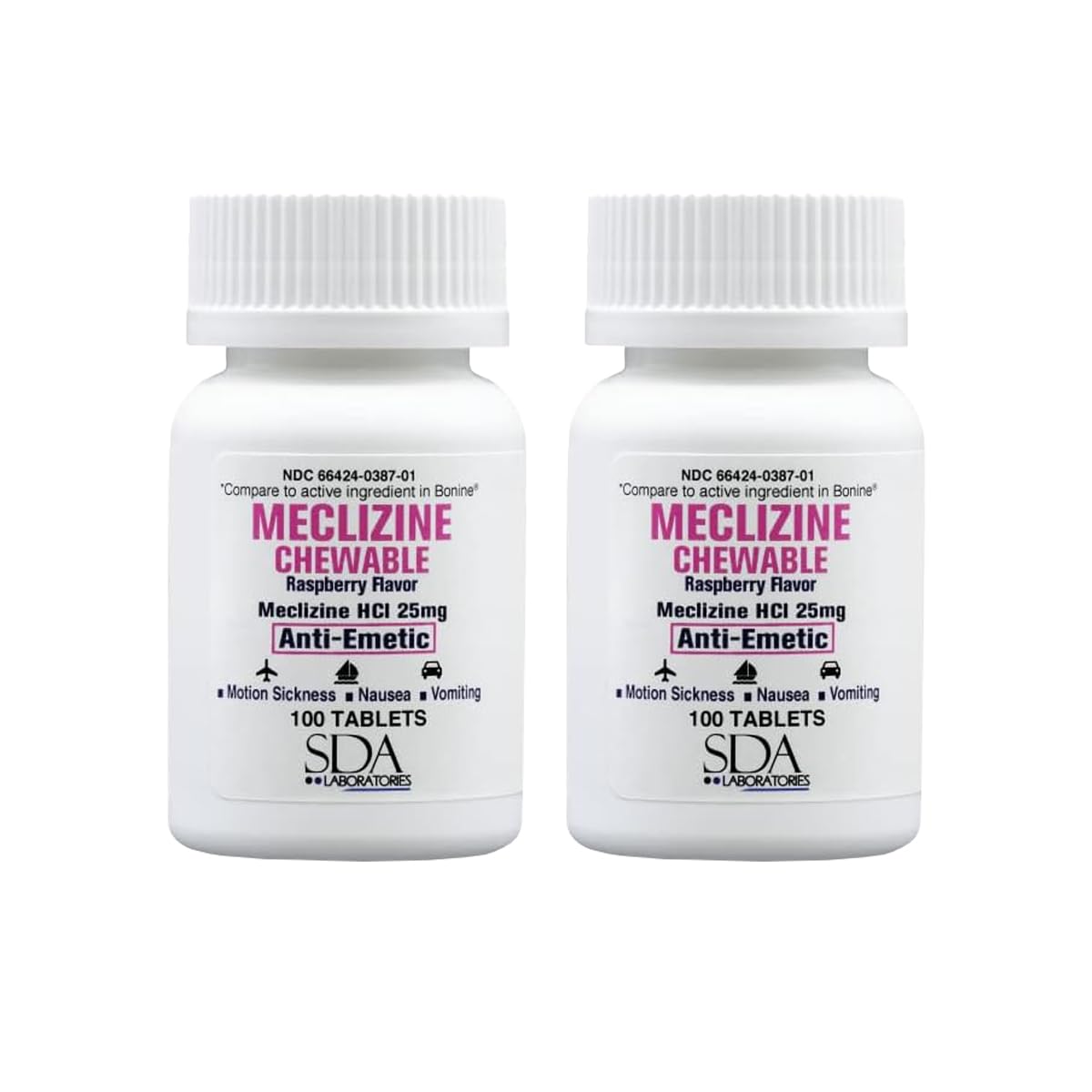 SDA LABORATORIES Meclizine 25mg Chewable Tablets, Anti-Emetic, Raspberry Flavor, Motion Sickness & Vertigo Relief for Nausea, Dizziness, Vomiting, Portable Travel Aid (2 Bottles of 100 Count)