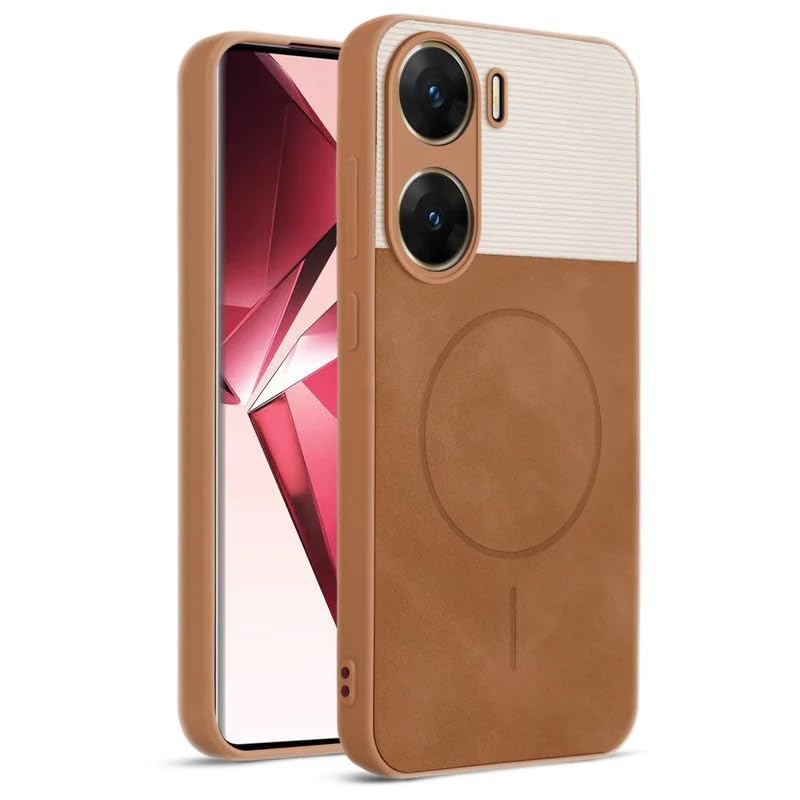 Image of Bintage case Macc-Safe Design Hard Light Weight Back Case | Soft Border Camera Protect | Dual PU Leather Finish Back Cover Compatible for Vivo V29e 5G - White & Brown