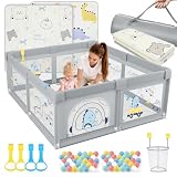 SOFTHOM Box Bambini 120x120 con Tappeto, Box per Bambini 360° Rete Traspirante, Tessuto Oxford, Base antiscivolo, Porta con Cerniera, Sicurezza Antiscivolo Robusta Centro Attività, Dinosauro grigio