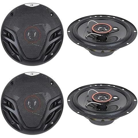 4 New (2 Pairs) Alphasonik AS26 6.5 inch 350 Watts Max 3-Way Car Audio Full Range Coaxial Speakers with Universal Mounting Holes for Easy Installation and Grills Included Cover
