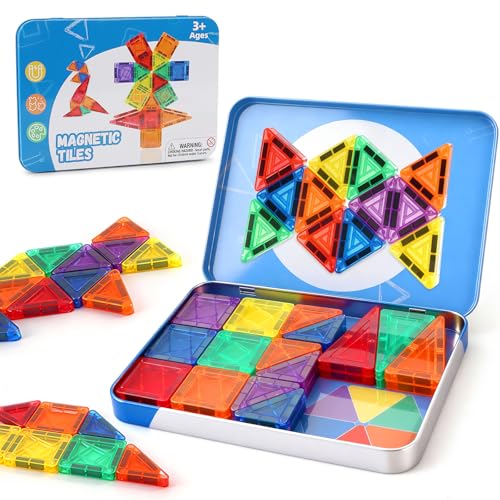 LumenVela Blocs Magnétiques Voyage, 42 Pièces Jeu de Construction Magnétique avec Boîte Protable, Mini Tuiles Magnétiques Enfant Jouet de Voyage Montessori Cadeau pour Enfants 3+ Ans (42 pièces)