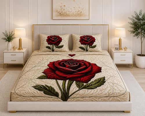 Image of 7D Digital Printed King Size Bedsheet | 240TC Premium Cotton Feel Microfiber with 2 Pillow Covers | Soft Breathable & Wrinkle Free Bedding Set | (Rose, King Size-90x100 Inch)