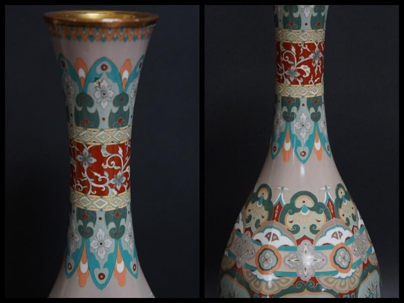 明治期 尾張七宝 銀線象嵌『龍鳳唐草紋』大型飾壺一対 面取