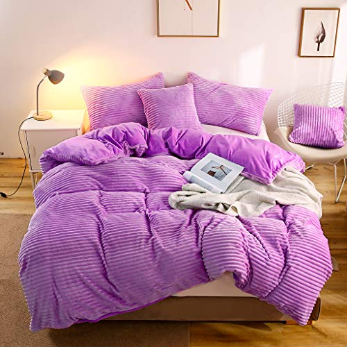 Uhamho Striped Flannel Duvet Cover Set Crystal Velvet Reversible Fuzzy Fleece Shaggy Bedding